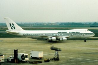 A Nigeria Airways Boeing 747-200 is seen on the apron at an international airport during the airline’s operational years. The iconic jumbo jet was a key part of the flag carrier’s long-haul fleet before the airline ceased operations in 2003.