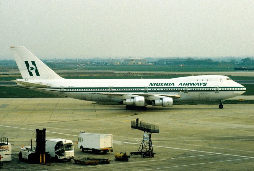 A Nigeria Airways Boeing 747-200 is seen on the apron at an international airport during the airline’s operational years. The iconic jumbo jet was a key part of the flag carrier’s long-haul fleet before the airline ceased operations in 2003.