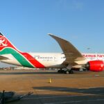 The aircraft pictured is a Boeing 777-200ER belonging to Kenya Airways, the flag carrier of Kenya.