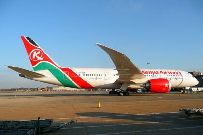 The aircraft pictured is a Boeing 777-200ER belonging to Kenya Airways, the flag carrier of Kenya.
