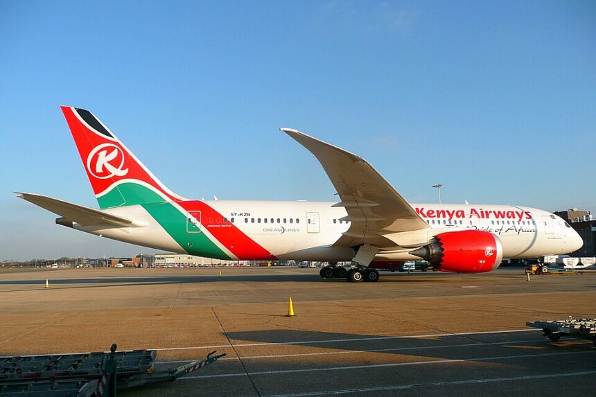 The aircraft pictured is a Boeing 777-200ER belonging to Kenya Airways, the flag carrier of Kenya.