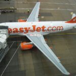 An Easyjet A319 parked at Gatwick airport on a rainy day