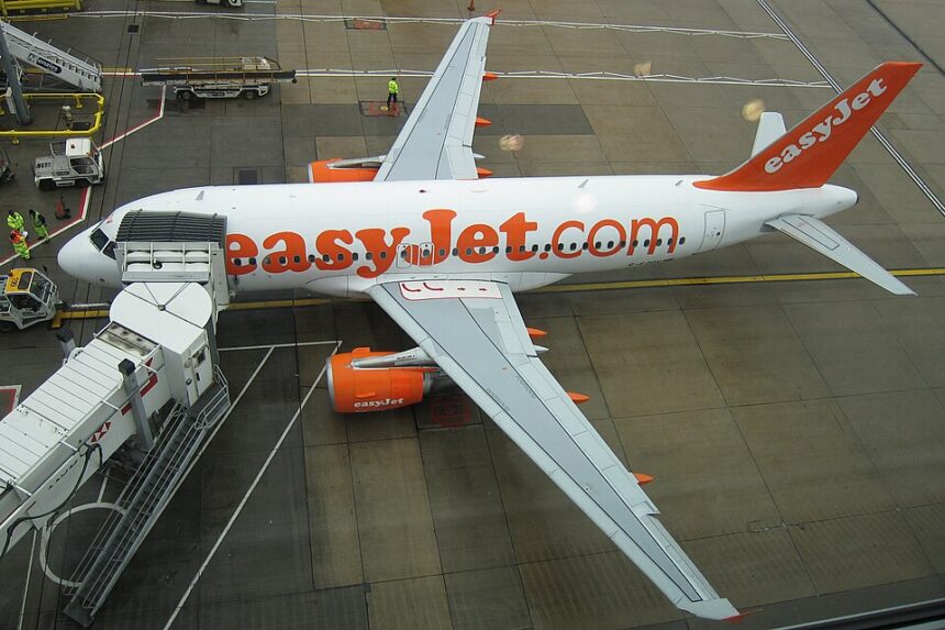 An Easyjet A319 parked at Gatwick airport on a rainy day