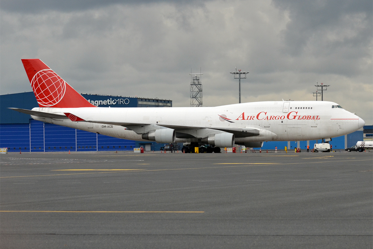 Air Cargo Global Boeing Air Cargo Global, OM-ACG, Boeing 747-409 BDSF aircraft parked on the airport apron during ground operations.