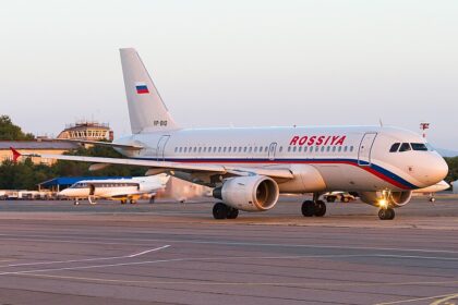 An Rossiya airline Airbus A319-111 in the evening light ready to take flight to Pulkovo