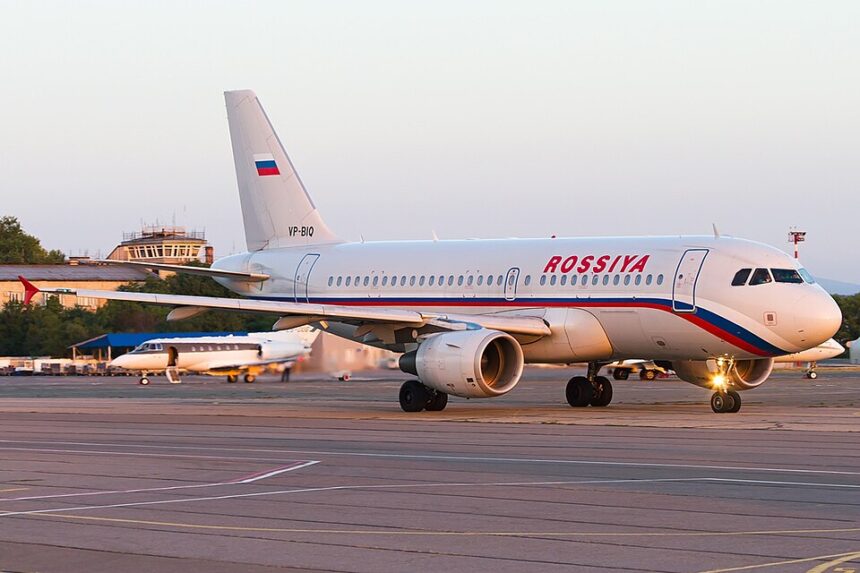 An Rossiya airline Airbus A319-111 in the evening light ready to take flight to Pulkovo