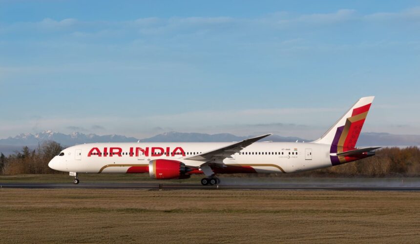 Air India Boeing 787 Dreamliner parked on the runway at dawn
