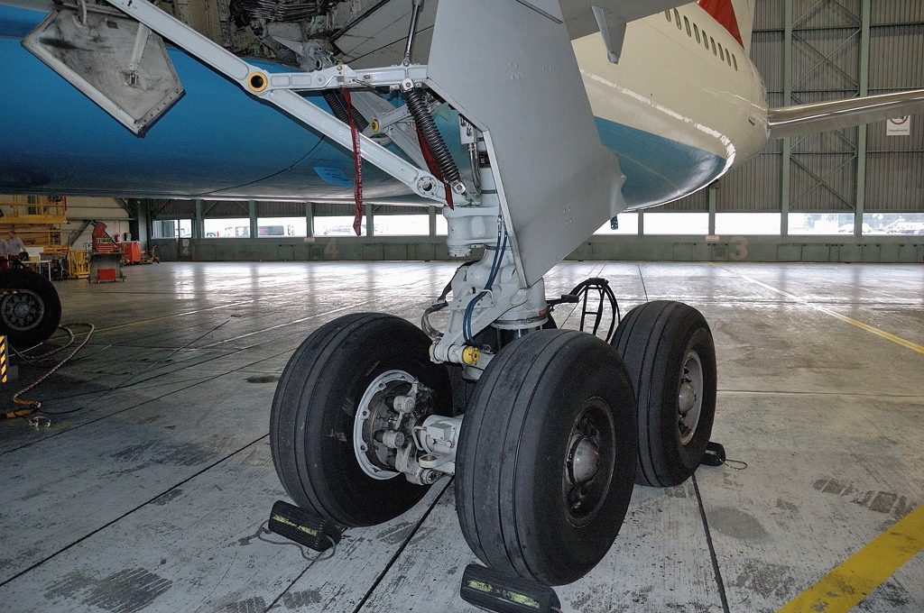 A close up of the landing gear of a Boeing 737 aircraft. The four large black wheels occupy the lower centre of the image. The top left up corner to the upper right centre of the picture is the back end of the aircraft's body. This body is mostly white with a light blue underbelly. The aircraft is in a hangar, which occupies the rest of the background. 