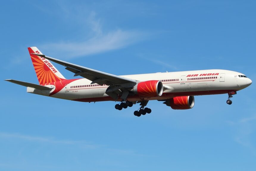 Air India's Boeing 777 close to landing at London Heathrow Airport during a sunny day.
