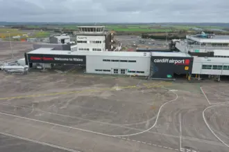 An off the ground photograph of Cardiff Airport