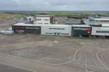 An off the ground photograph of Cardiff Airport