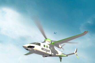 Ecojet-LINX-P9-aircraft flying in front of pale white clouds. With blue sky peeping through