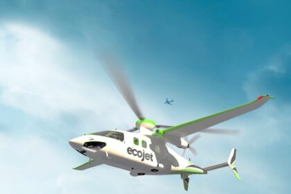 Ecojet-LINX-P9-aircraft flying in front of pale white clouds. With blue sky peeping through