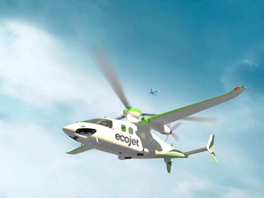 Ecojet-LINX-P9-aircraft flying in front of pale white clouds. With blue sky peeping through