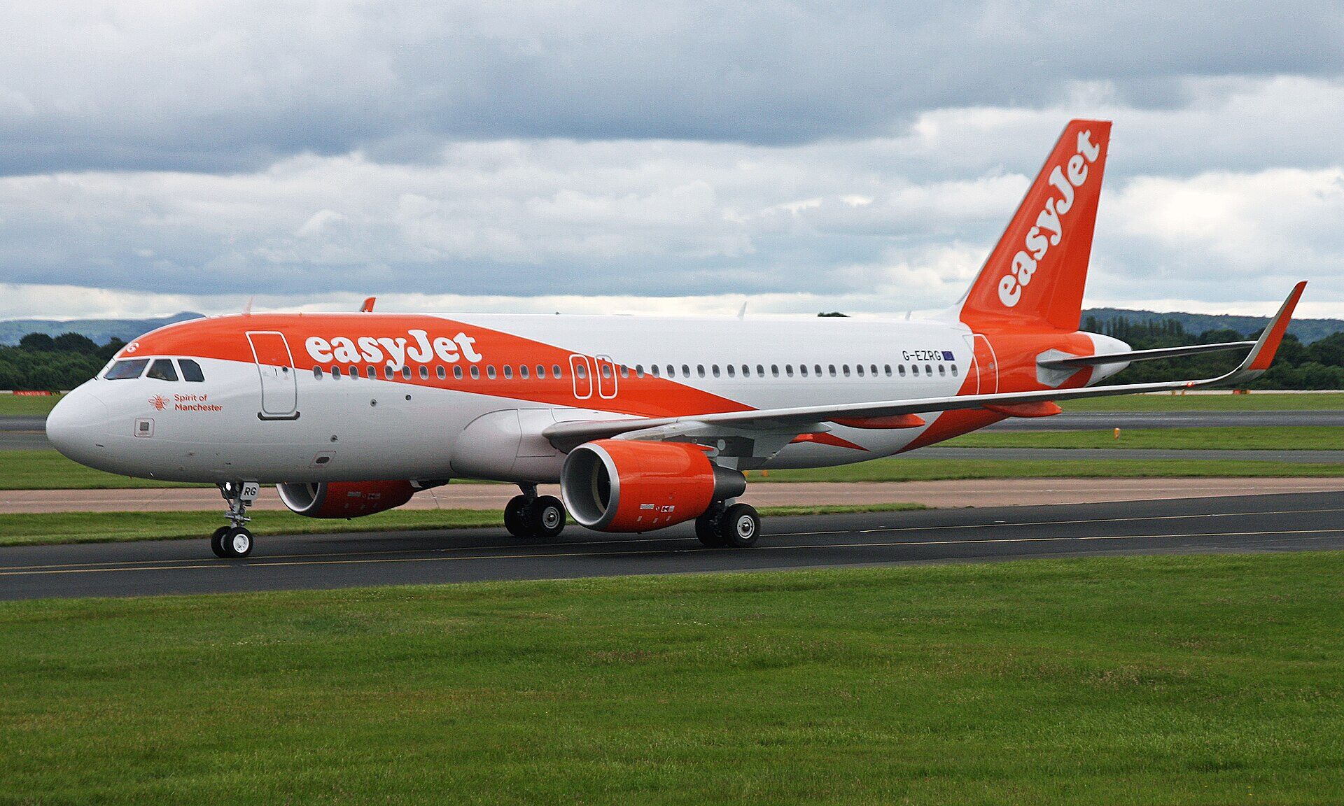 An easyJet Airbus A320 aircraft on the runway before takeoff at Manchester Airport. Grass in the foreground, cloudy sky in the background.