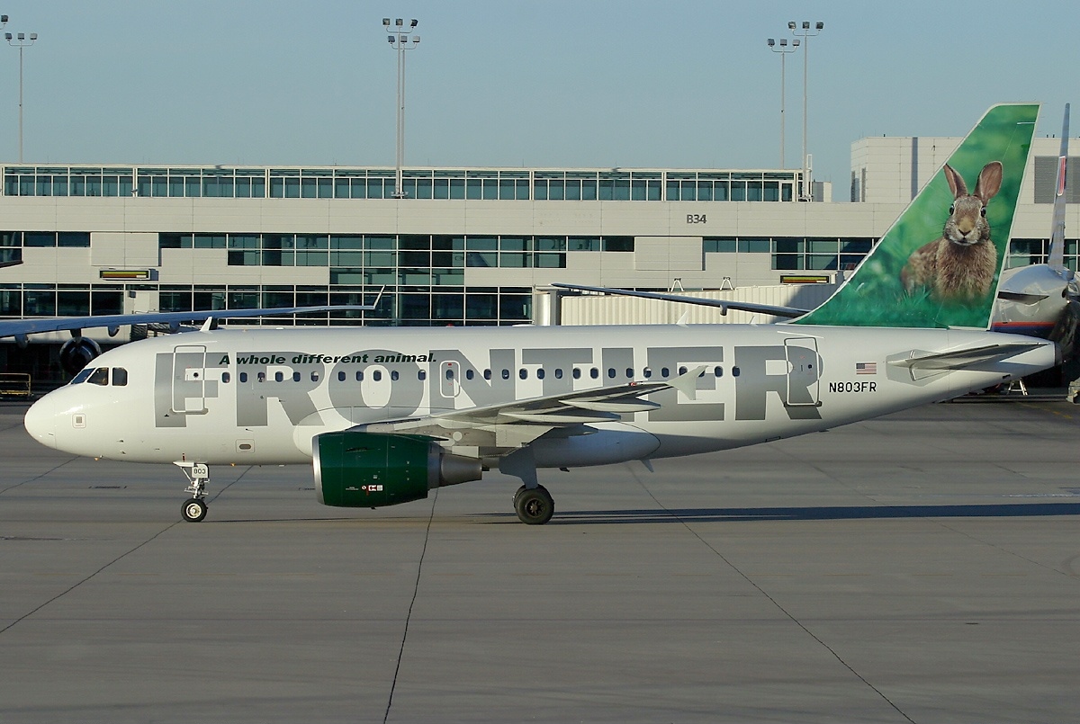 Frontier Airbus A318 with livery from 2001, displaying rabbit on the tail fin.