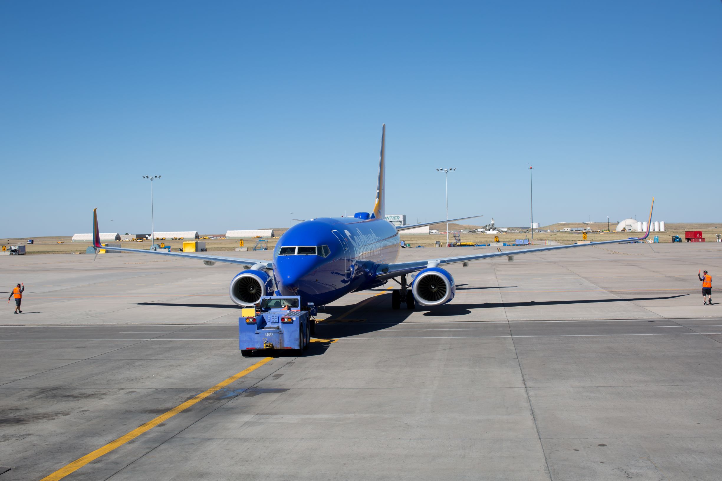 An image of a Southwest aircraft on the runway 