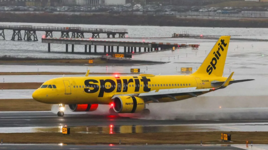 A large yellow Spirit Airlines jetliner on the runway beside a body of water