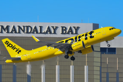 A large yellow Jetliner taking off from an airport with blue sky