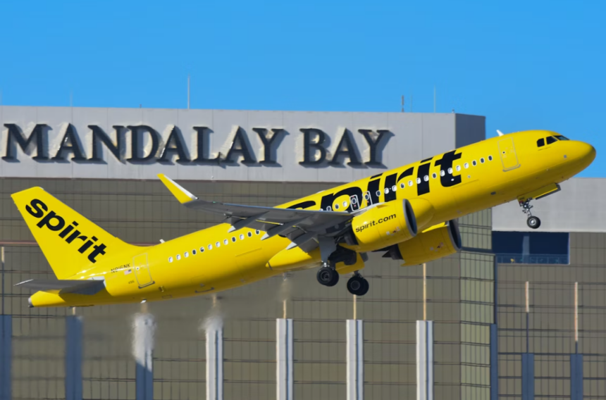 A large yellow Jetliner taking off from an airport with blue sky