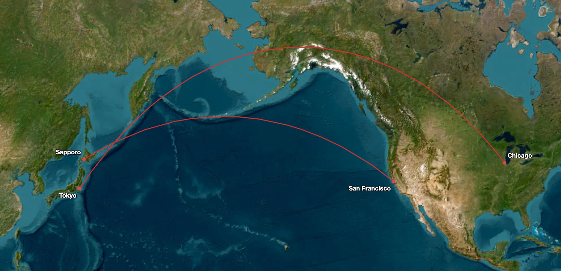 satellite map showing route from Sapporo to San Fransisco and Tokyo Narita to Chicago