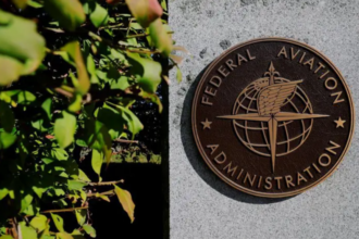 A brown plaque on a concrete wall reading 'Federal Aviation Administration'