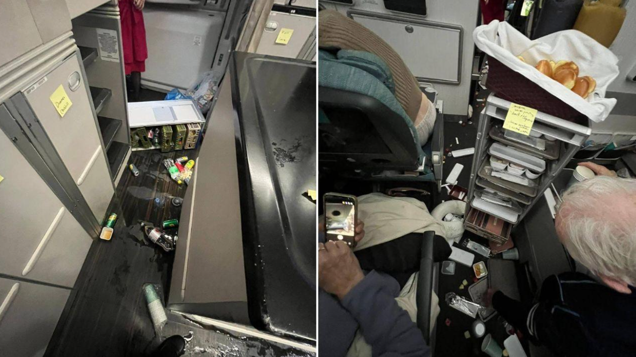Two photos side by side both showing the inside of a plane covered in debris and food