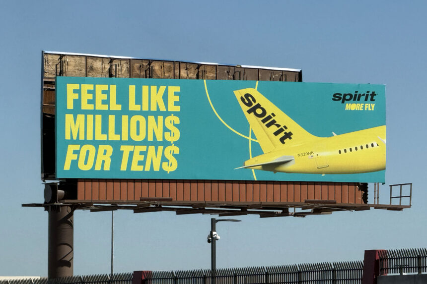 Large roadside billboard advertising Spirit Airlines against a clear blue sky. The sign has a teal background with bold yellow text reading “Feel like millions for tens,” with the dollar signs replacing the letter S. On the right side of the billboard, the bright yellow tail and rear fuselage of a Spirit Airlines aircraft are shown, with the word “spirit” printed in black on the tail and “more fly” in smaller text nearby. The billboard is mounted on a tall metal structure above a fenced roadside area, with lighting fixtures and support beams visible beneath it.