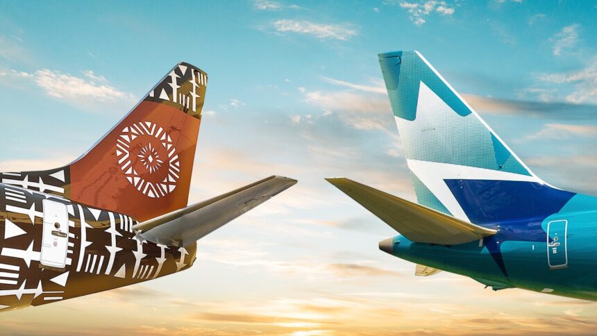 Tails of WestJet and Fiji Airways aircraft, displaying their brown and blue hues and logos.