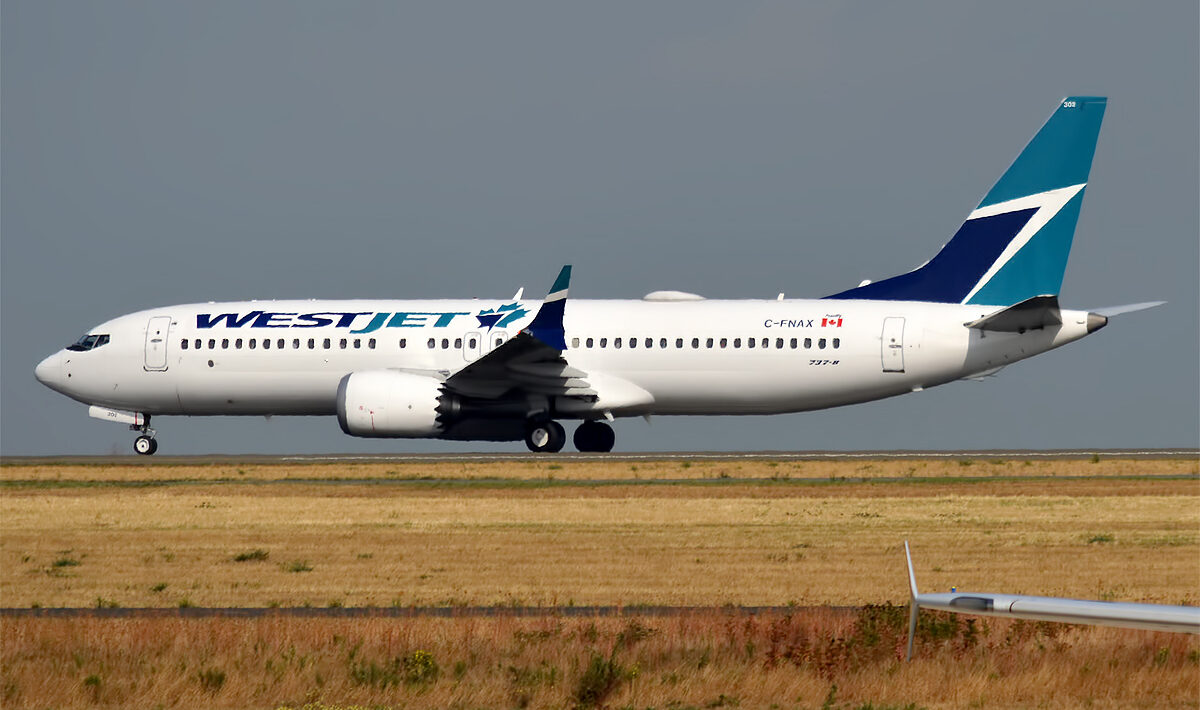 WestJet Boeing 737-8 MAX on the runway before takeoff. Grey sky in the background. Yellow grass/ground in the foreground. Another aircraft wing is visible in the bottom right corner.