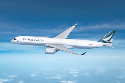 Rendered Cathay Cargo A350F flying against a blue sky with a dusting of clouds