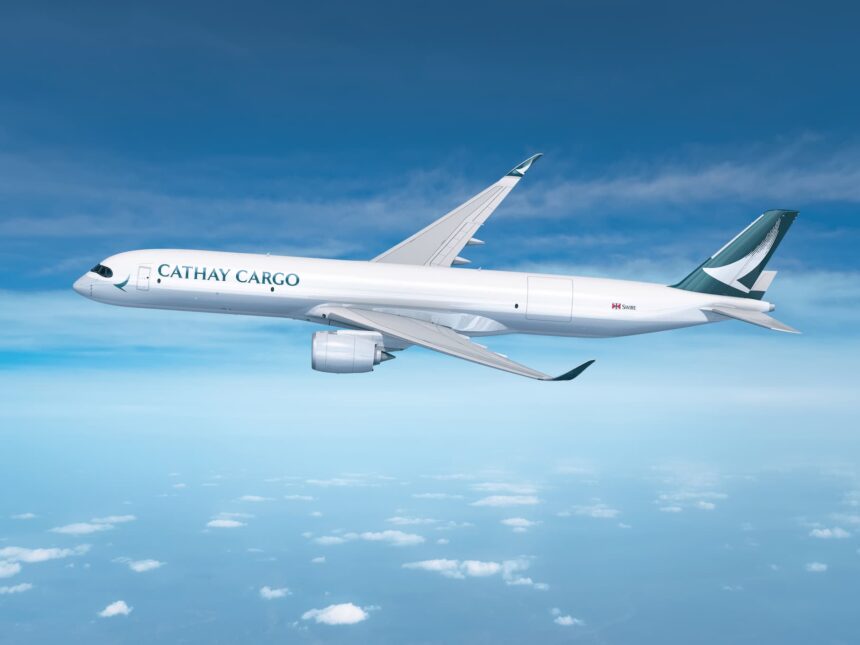 Rendered Cathay Cargo A350F flying against a blue sky with a dusting of clouds