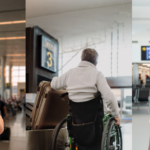 Three side-by-side photos taken in an airport. a smiling airport staff member wearing a black shirt and red lanyard makes hand gestures. a traveller using a wheelchair waits near luggage and a boarding gate sign. a smiling traveler in a white shirt holds a sunflower-themed accessibility lanyard in front of airport departure screens.