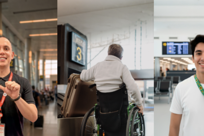 Three side-by-side photos taken in an airport. a smiling airport staff member wearing a black shirt and red lanyard makes hand gestures. a traveller using a wheelchair waits near luggage and a boarding gate sign. a smiling traveler in a white shirt holds a sunflower-themed accessibility lanyard in front of airport departure screens.
