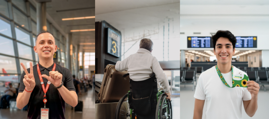 Three side-by-side photos taken in an airport. a smiling airport staff member wearing a black shirt and red lanyard makes hand gestures. a traveller using a wheelchair waits near luggage and a boarding gate sign. a smiling traveler in a white shirt holds a sunflower-themed accessibility lanyard in front of airport departure screens.