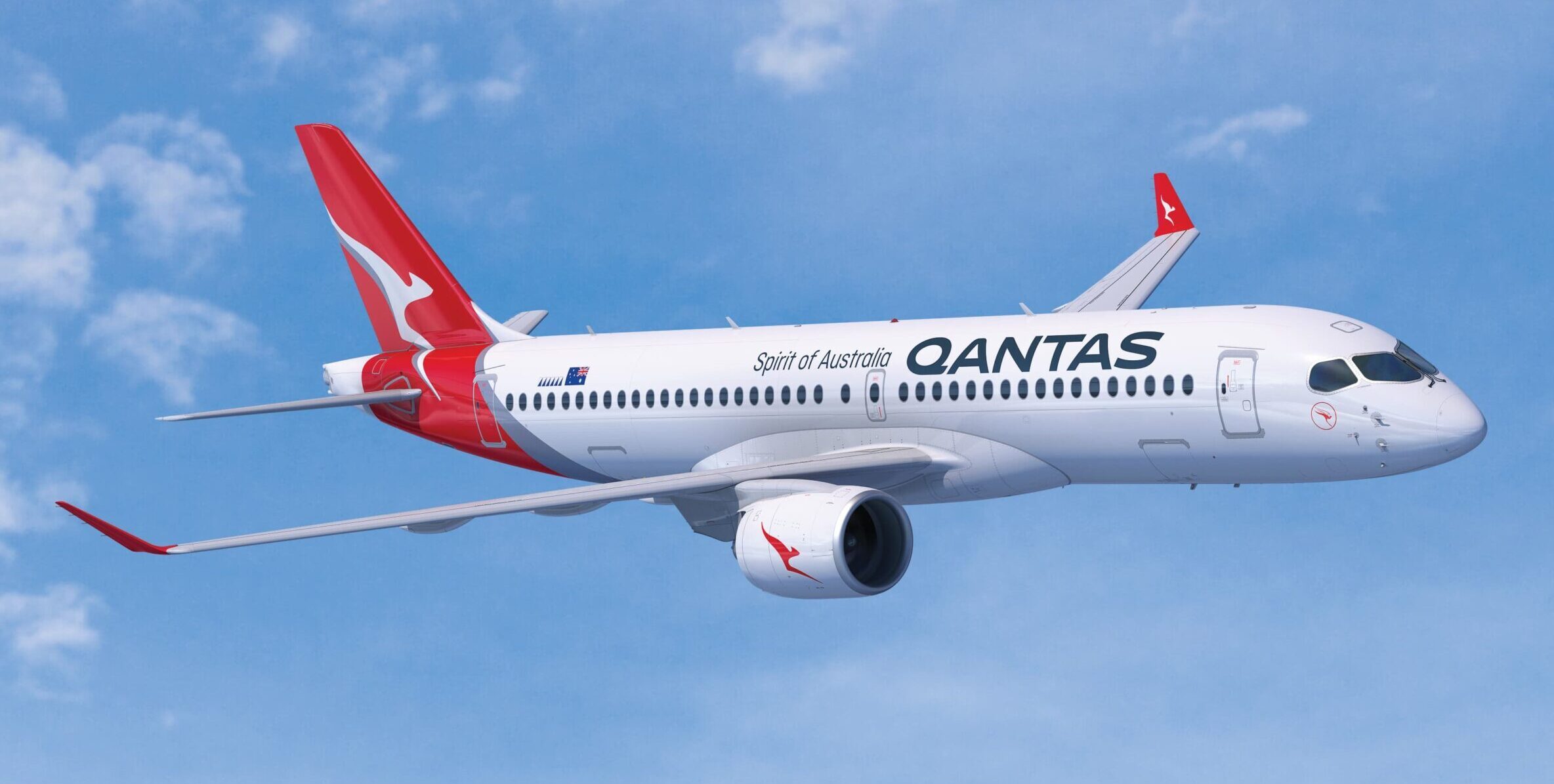 Qantas Airbus A220-300 aircraft in flight. Blue sky in the background, clouds visible. White and red livery.