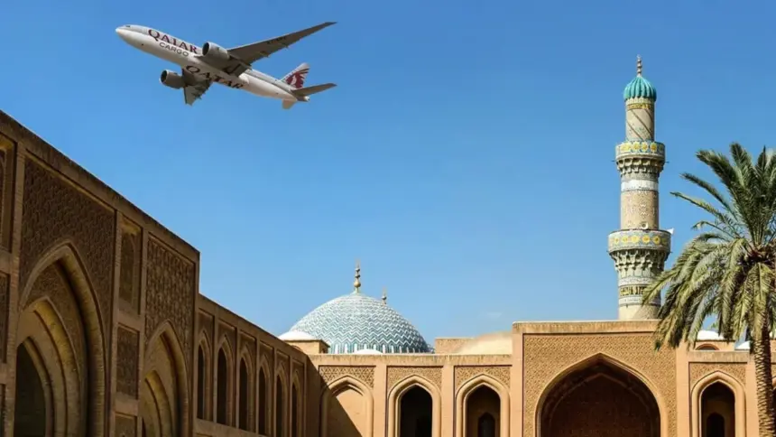 An image of an Qatar Airways Cargo aircraft flying over Doha
