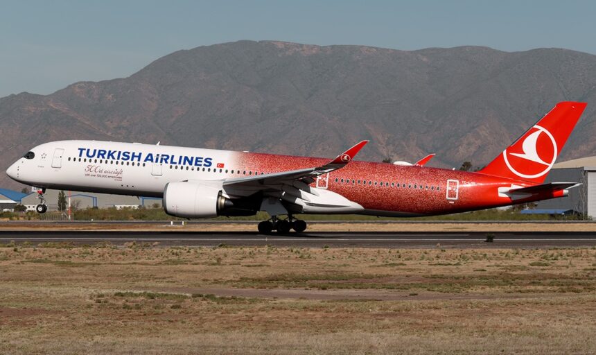 Turkish Airlines Airbus A350 TC-LHH in special 500th aircraft livery taxiing on runway with mountains in the background.