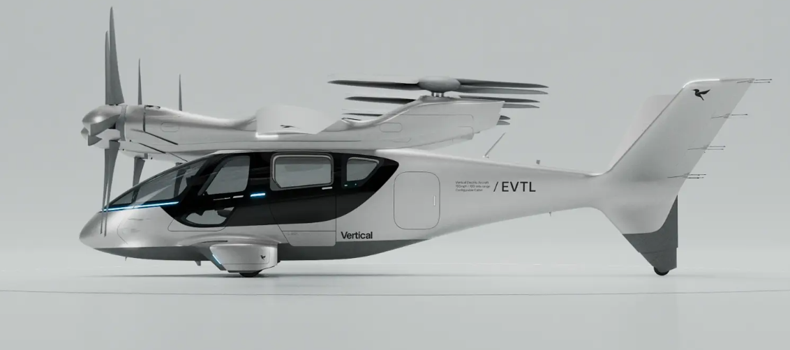 The prototype of Valo, Vertical Aerospace's air taxi, in a showroom against a white backdrop. "EVTL" written in black on the side.