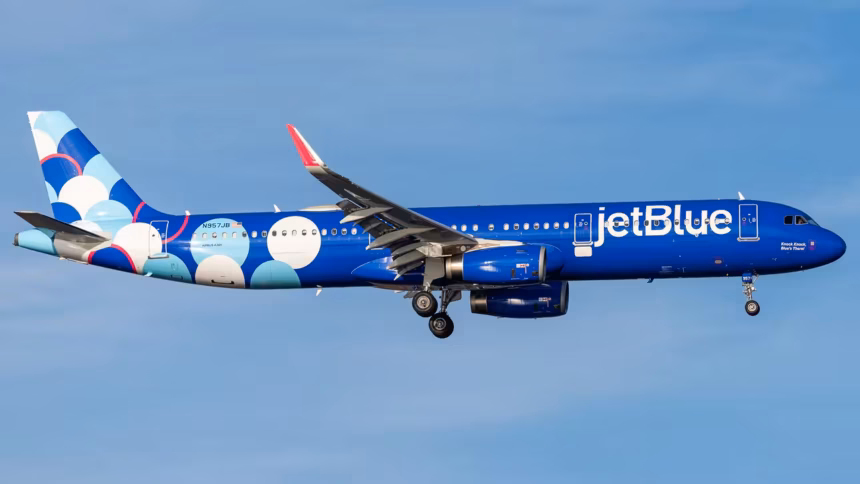 A JetBlue A321 flying under a blue sky. Its livery is mostly blue, with its tail being white, dark and light blue balls. The airport is close to landing at JFK.