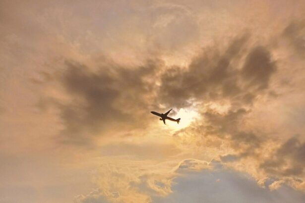 Plane in flight taking off from Malpensa International Airport in clear conditions with the sun setting.