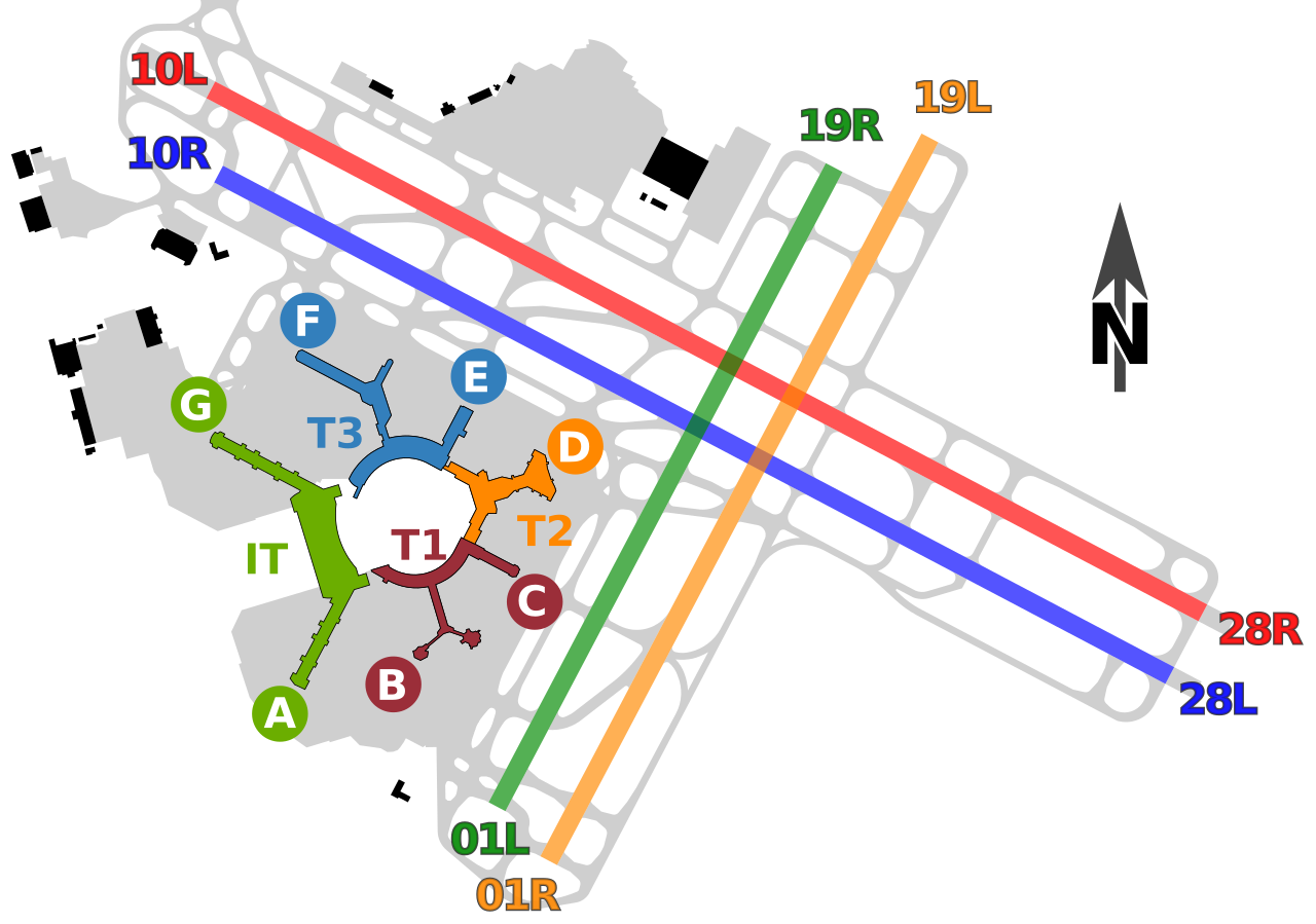 SFO's runways, boarding areas, and runways displayed on a map. They are separate by colours, letters, and numbers. The letter T refers to the terminals. A-G accounts for the boarding areas, and the remains numbers are runways.