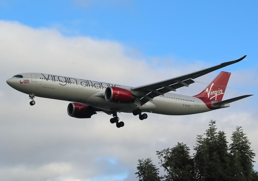 Image shows a Virgin Atlantic Airbus A300-900 in the air
