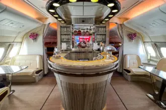 Interior of the Emirates A380 Onboard Lounge decorated for passenger service
