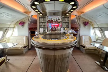 Interior of the Emirates A380 Onboard Lounge decorated for passenger service