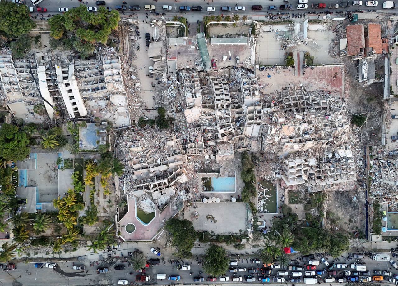 drone shot view of the aftermath of the earthquake in venezuela featuring collapsed buildings