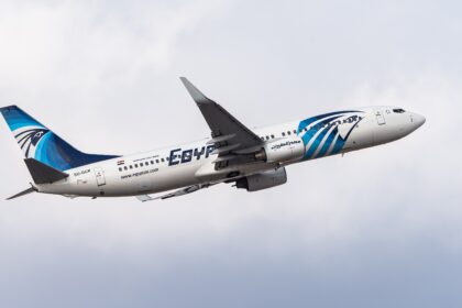 EgyptAir Boeing 737 ascending in a cloudy sky