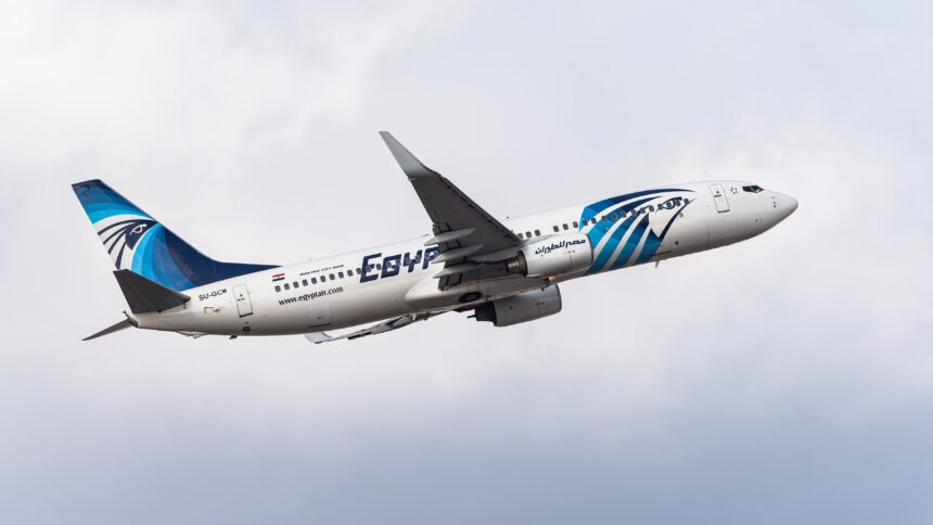 EgyptAir Boeing 737 ascending in a cloudy sky