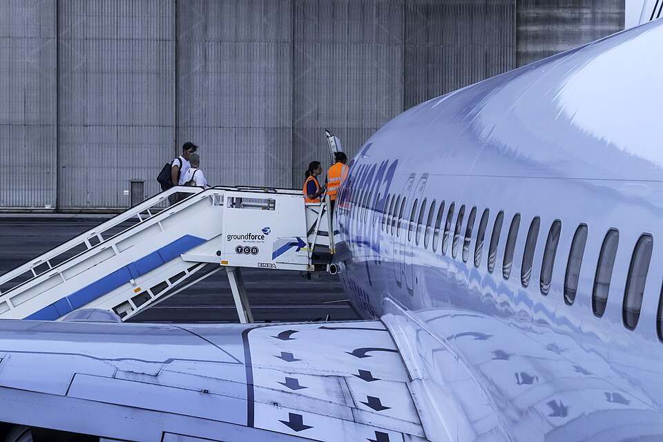 Flight crew and ground staff boarding a Boeing 737