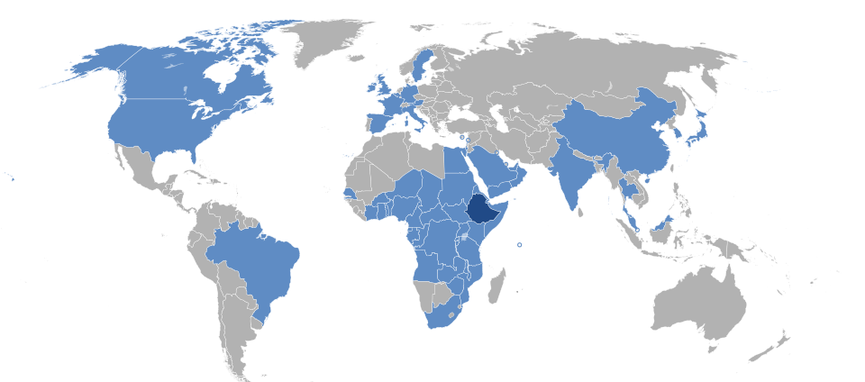 Ethiopian Airlines Destinations with several travelling regions highlighted with the blue colour and Ethiopia highlighted with a darker shade of blue